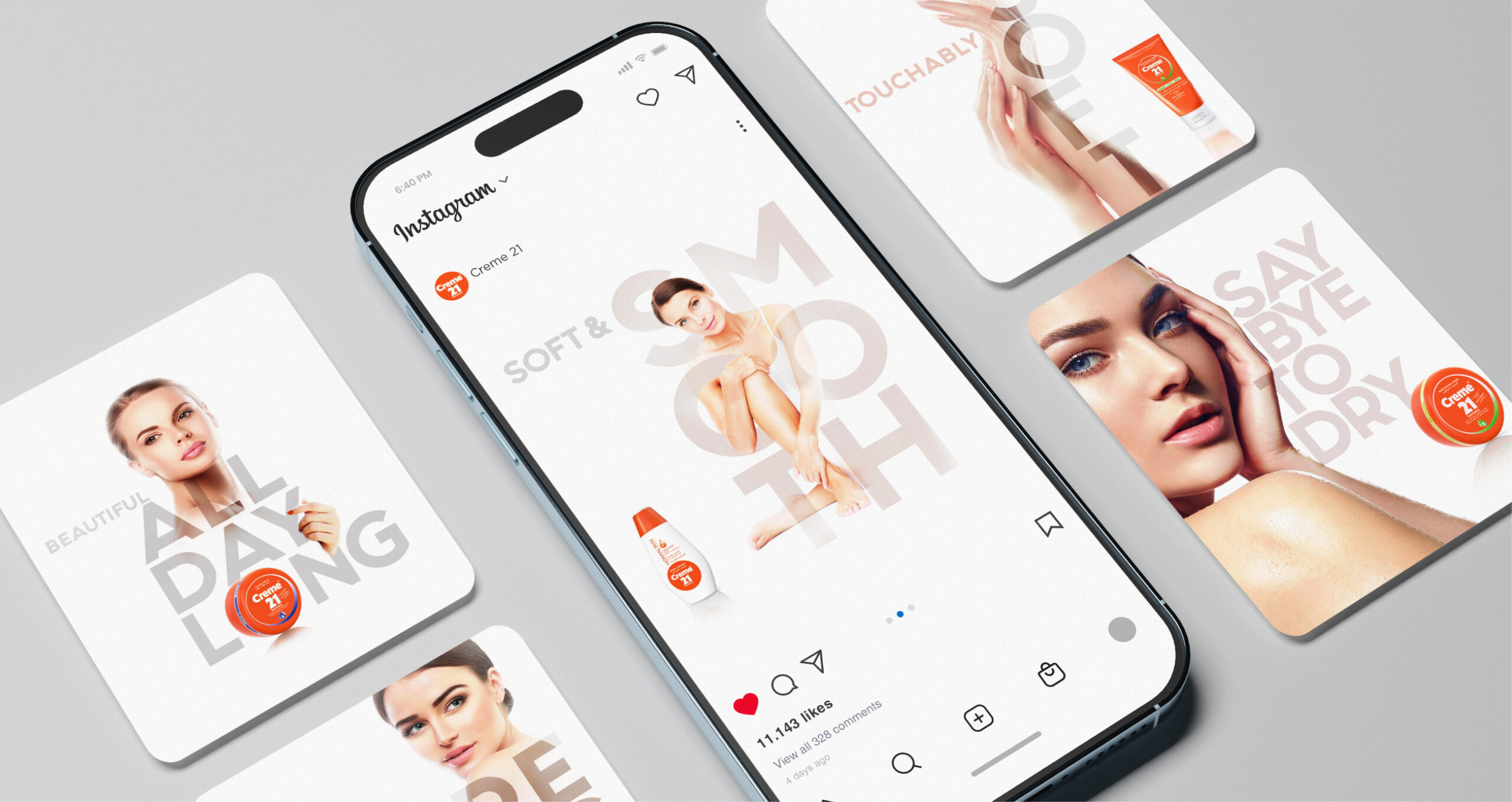 Phone and cards with skincare ads for Creme 21, featuring product images and words like "Soft & Smooth" and "All Day Long."