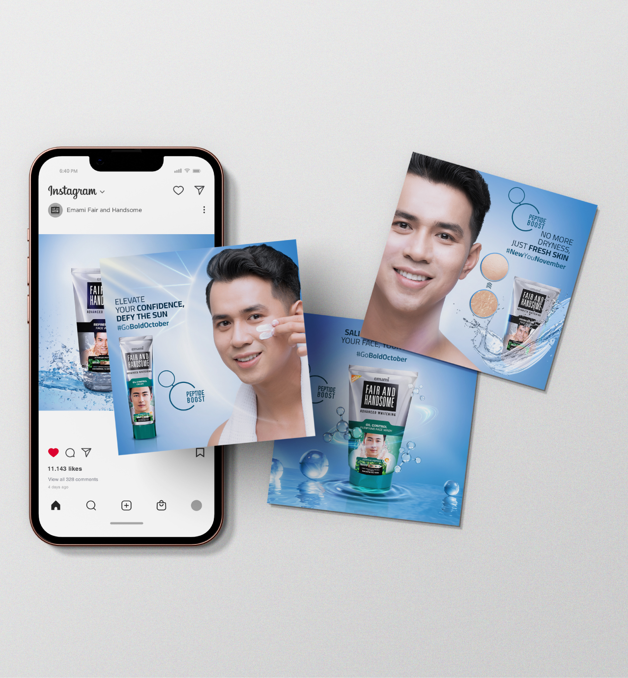 Phone and cards with Fair and Handsome skincare ads, blue backgrounds, and phrases like "Peptide Boost" and "Defy the sun."