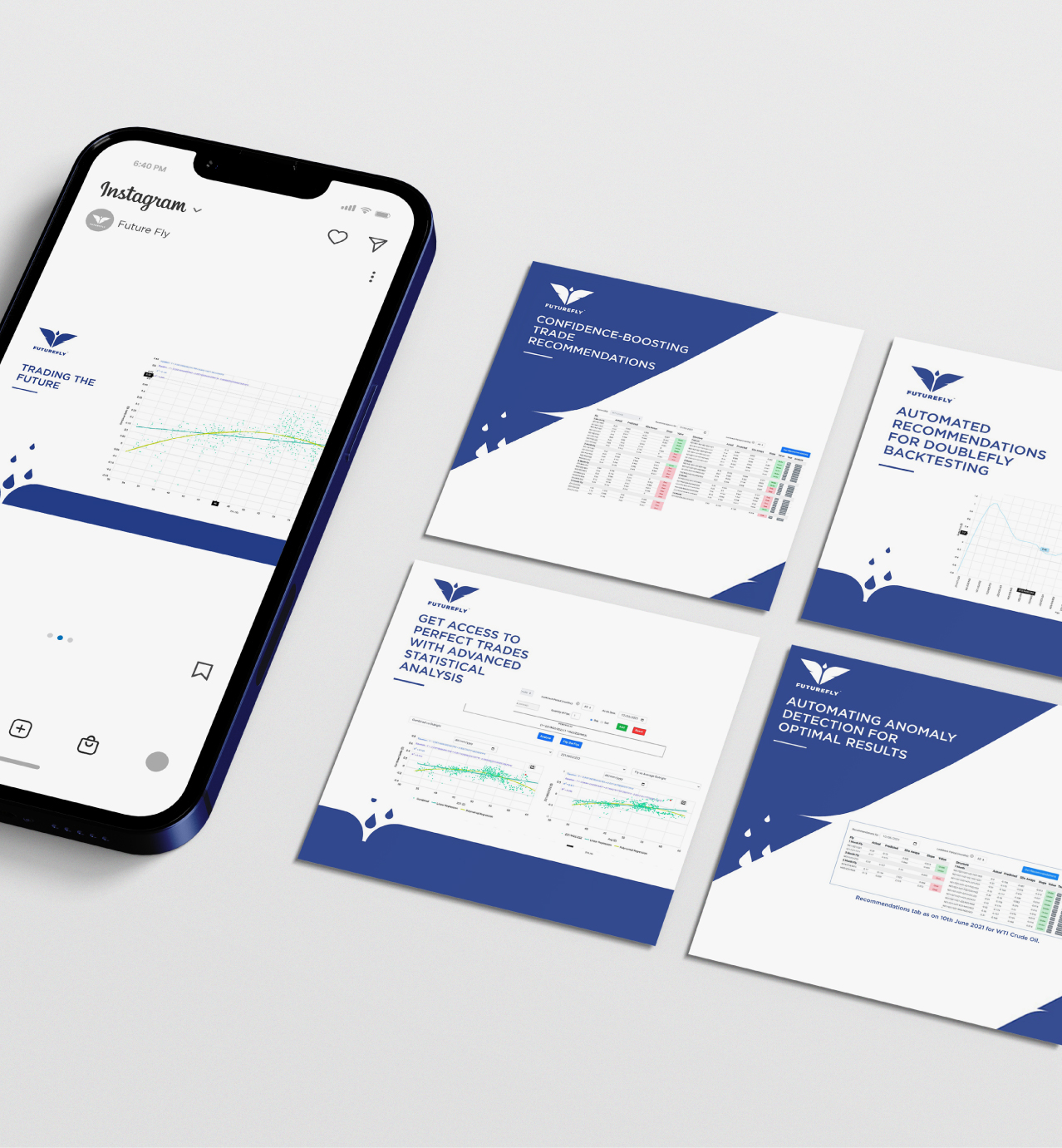 Phone and cards showing Future Fly trading analytics, charts, and features like trade recommendations and anomaly detection.