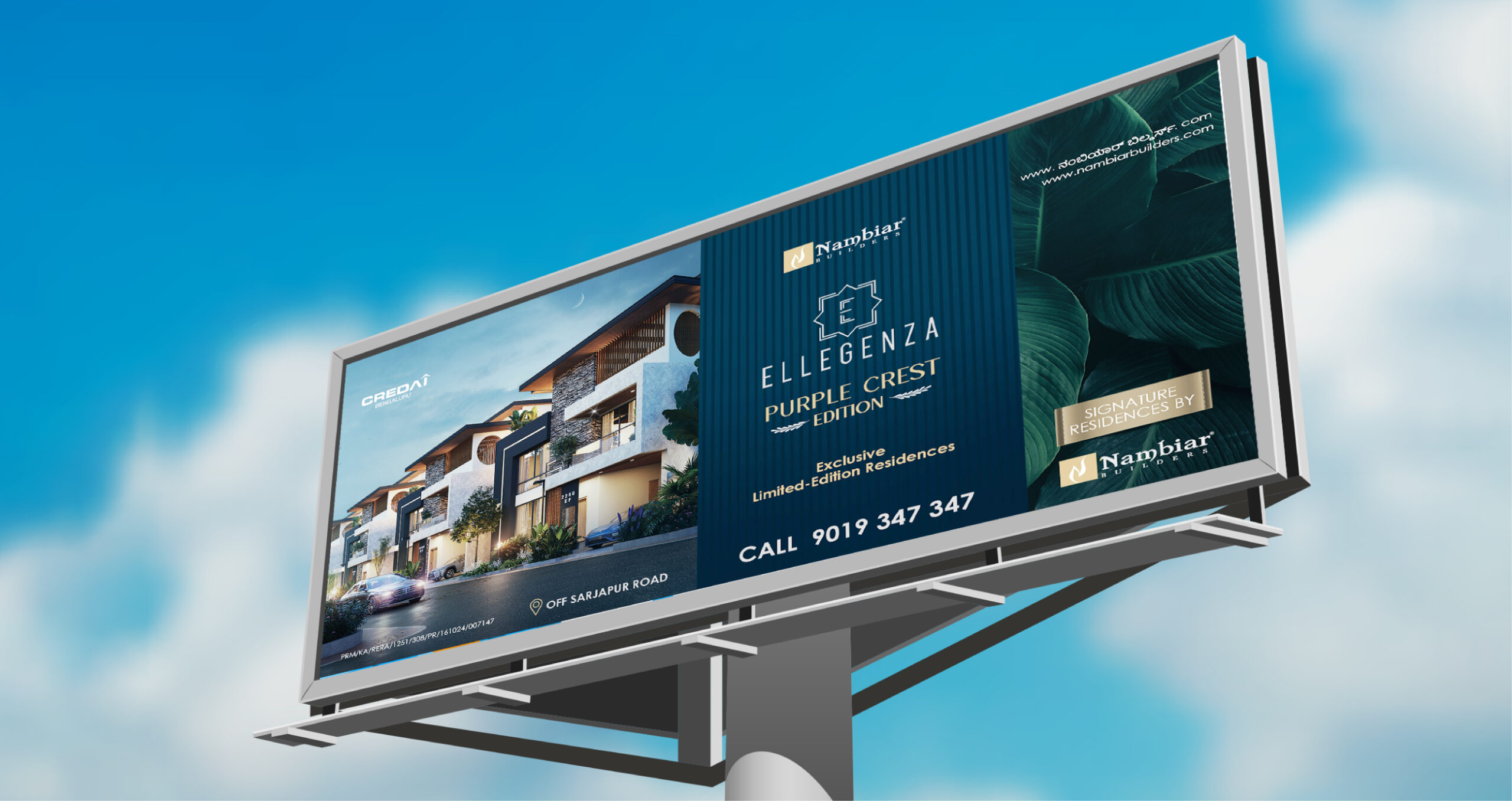 Billboard for Ellegenza Purple Crest Edition by Nambiar Builders, featuring luxury homes and contact details against a blue sky.
