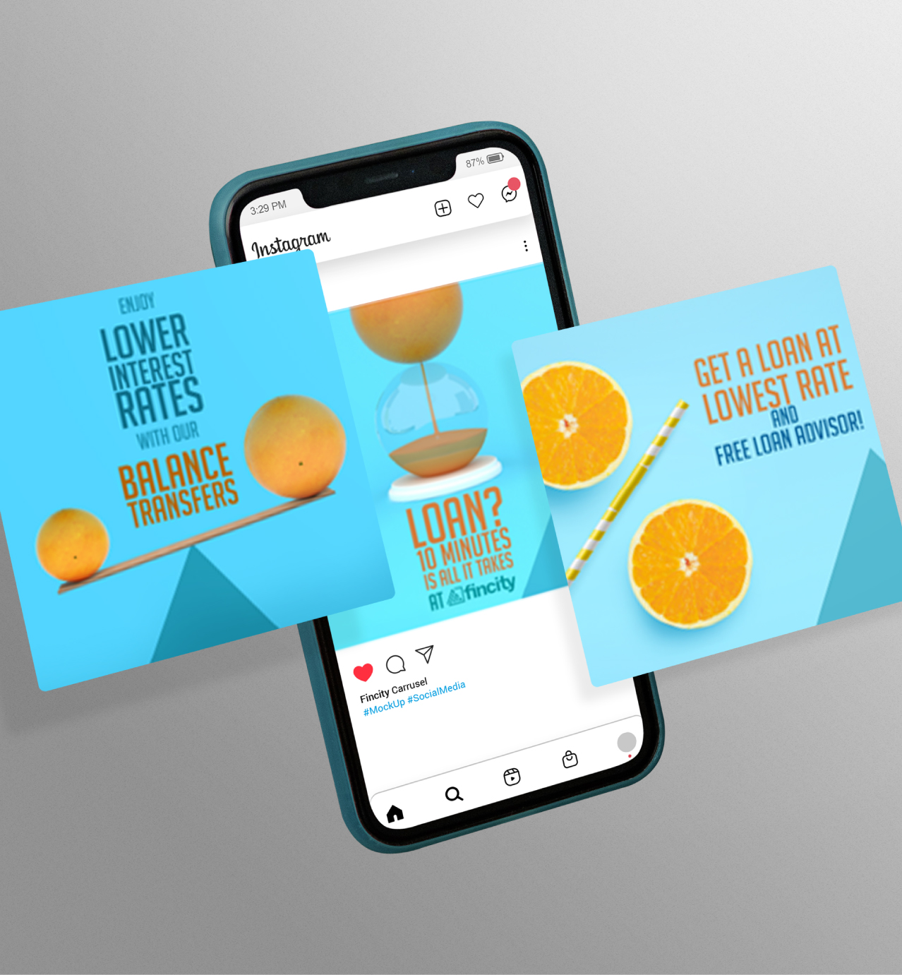 Phone and cards with loan offers, balance transfers, and oranges on bright blue backgrounds, promoting quick and low-rate loans.