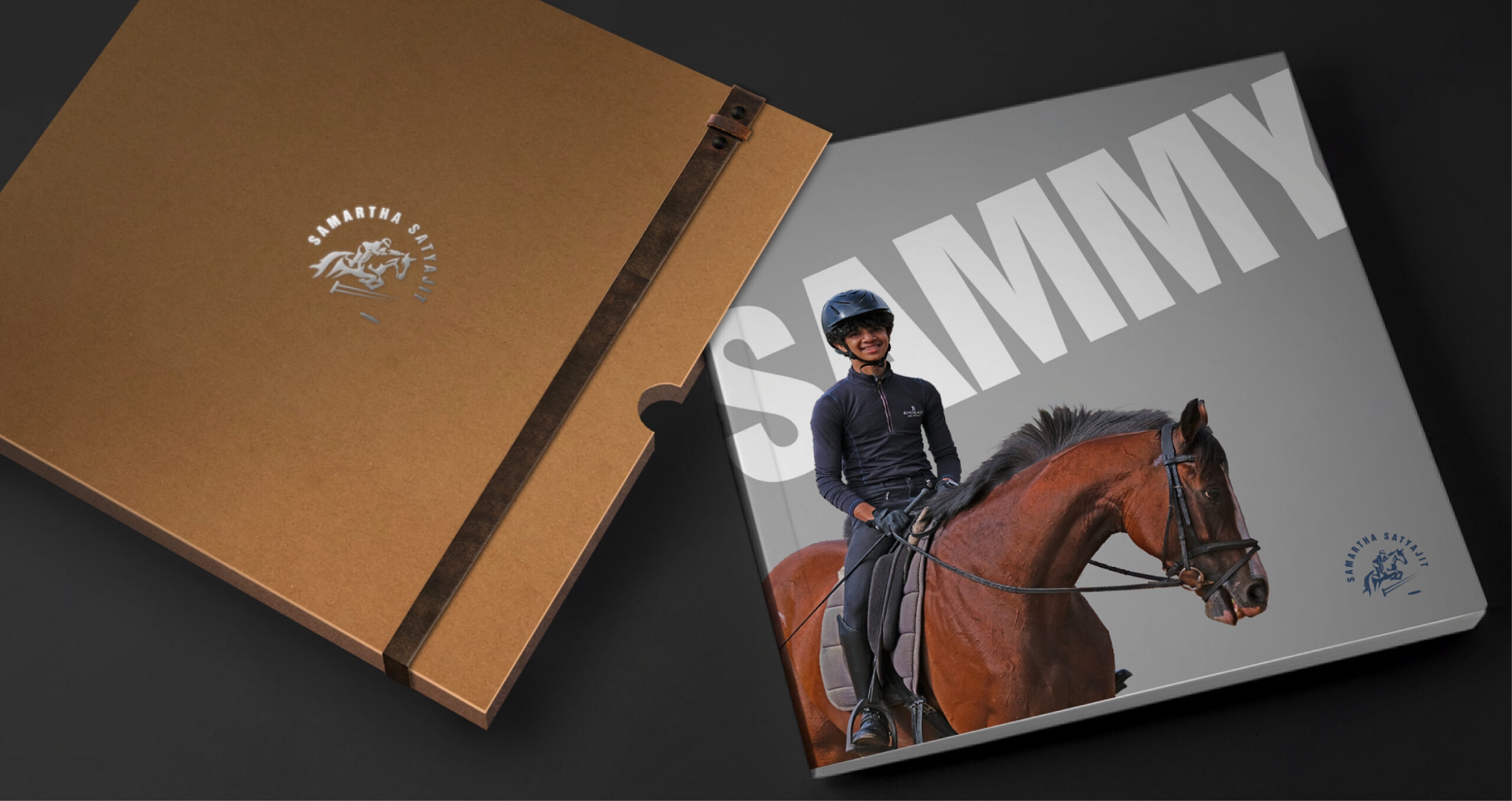 Equestrian-themed box and booklet labeled "SAMMY," featuring a rider on a horse and a Samartha Satya logo.
