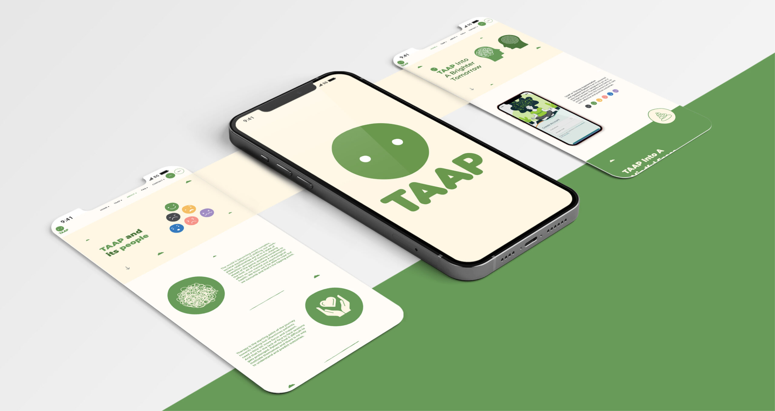 TAAP app displayed on a smartphone and two screens, featuring a green smiley logo and wellness-focused interface elements.