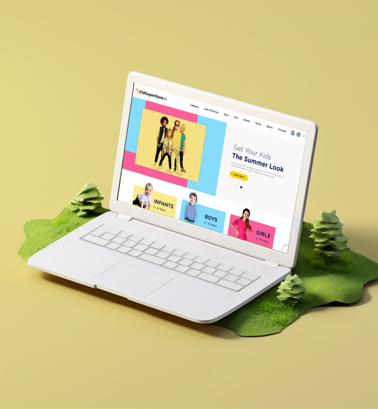 Kidsuperstore.in website on a laptop displaying colorful sections for infants, boys, and girls summer fashion on a playful background.