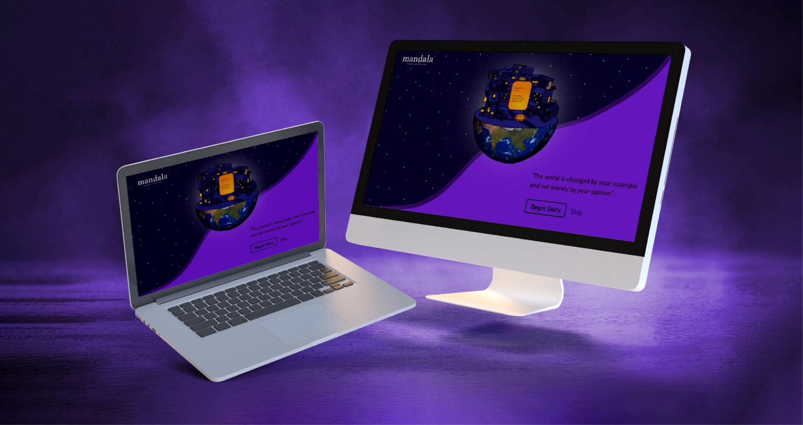 The Mandala website's story intro is displayed on a laptop and desktop, featuring a cosmic theme and "Begin Story" button.