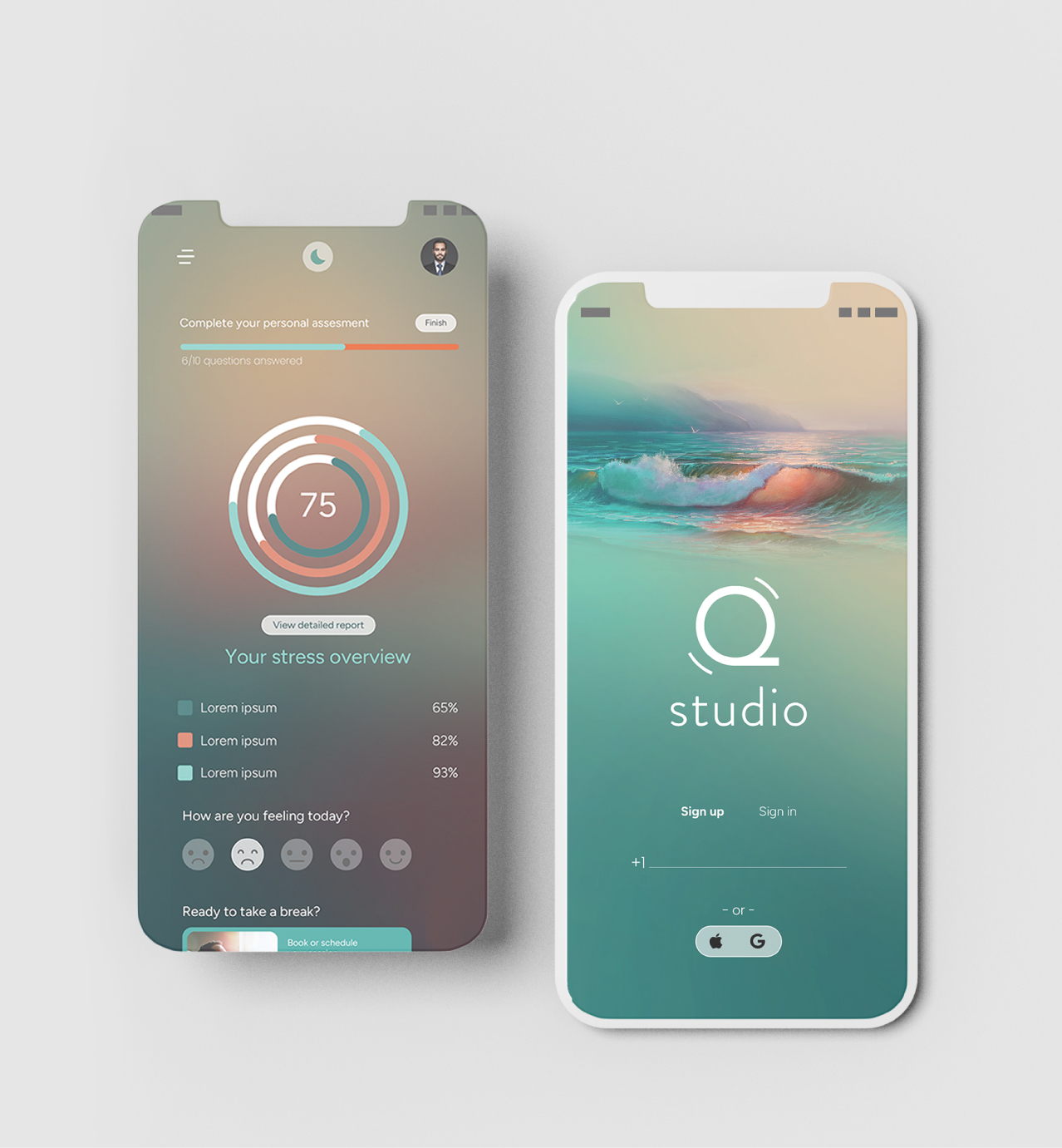 Two mobile screens show a wellness app: one displays a stress overview and score, the other features a calming ocean-themed sign-in page.