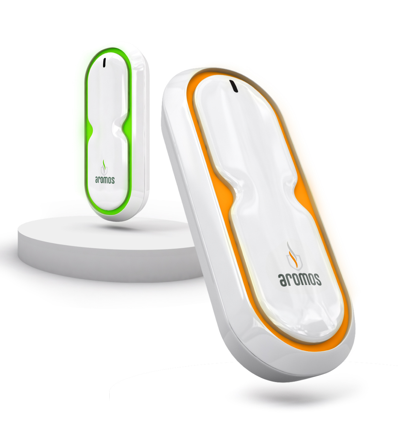 Two sleek, modern air fresheners labeled "aromos," one with a green border and one with an orange border, on a white background.