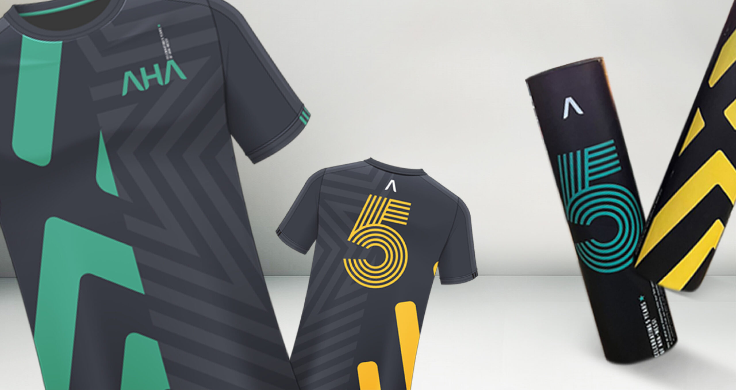 Dark sports jerseys with green and yellow geometric patterns, "AHA" logo on front, and number 5 on the back and tubes.