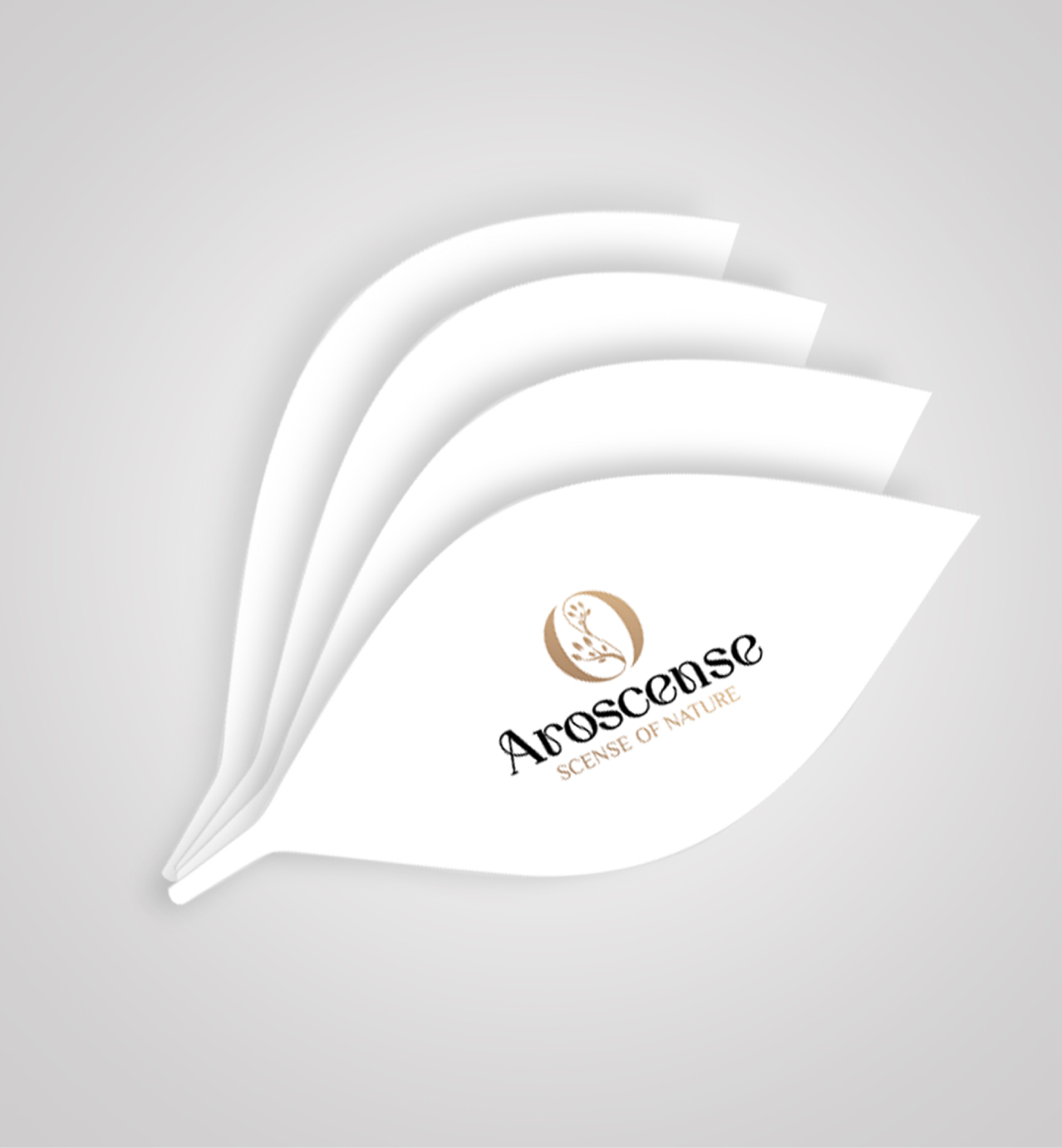 Leaf-shaped cards with the "Arosense" logo and the tagline "Scent of Nature" on a light gray background.