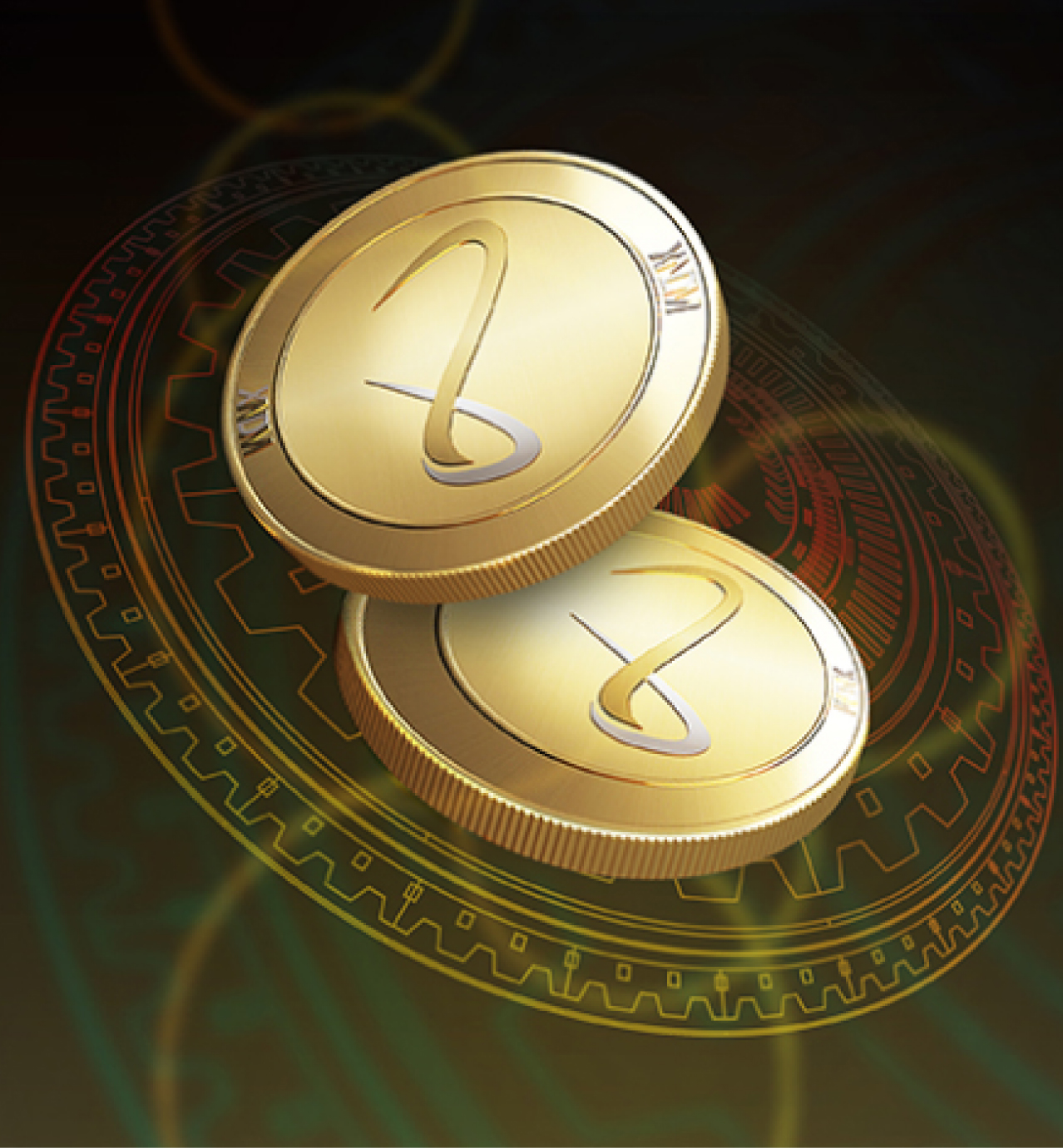 Two gold coins featuring a stylized symbol rest on a digital, futuristic background with gear-like patterns.