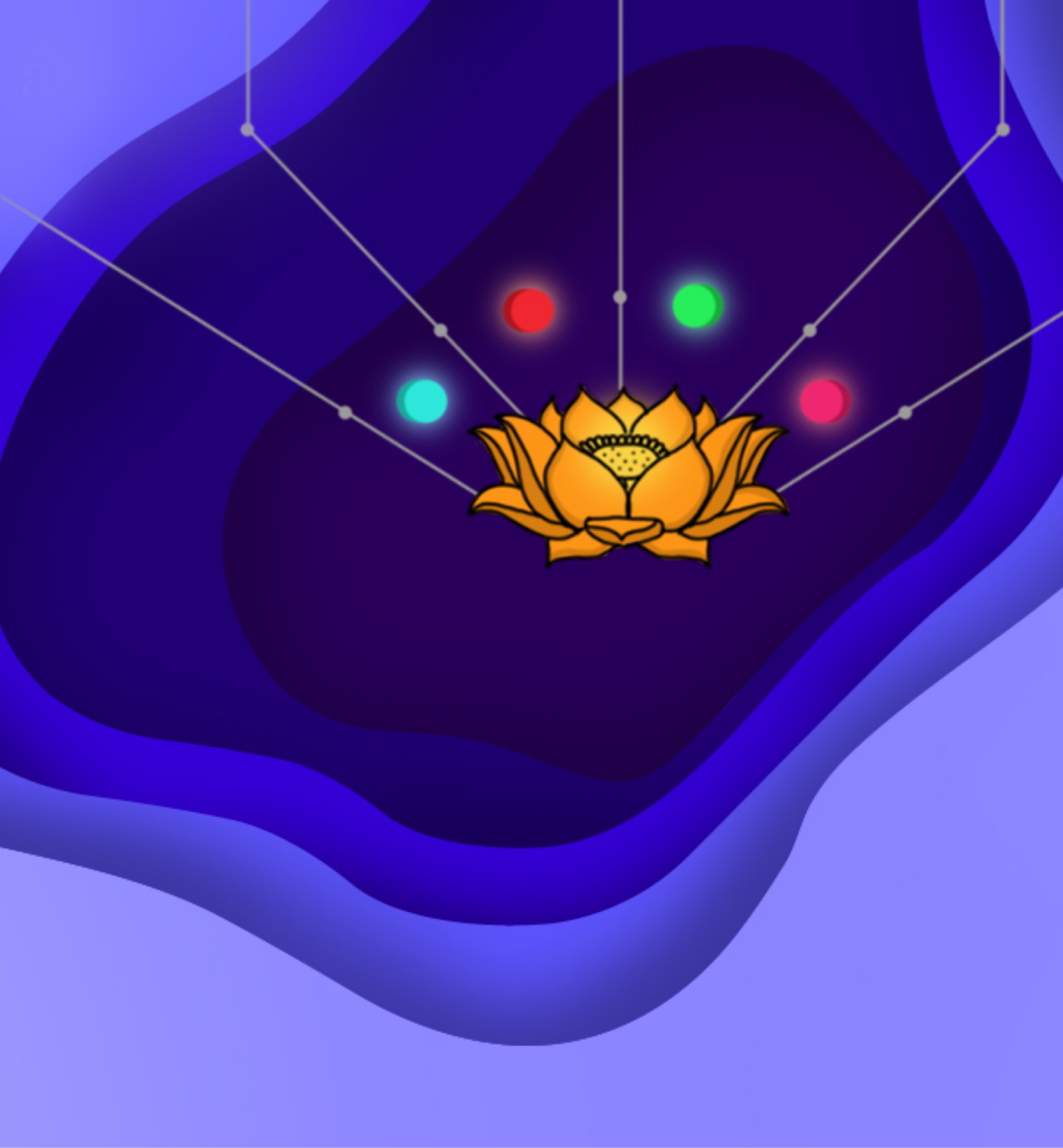 A golden lotus flower is suspended by lines over a layered blue background, with glowing red, green, and cyan dots nearby.
