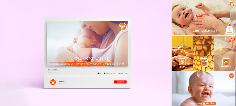 Creme 21 Baby ad collage showing parent gently massaging baby, nourishing oils, and hydration benefits for delicate skin.