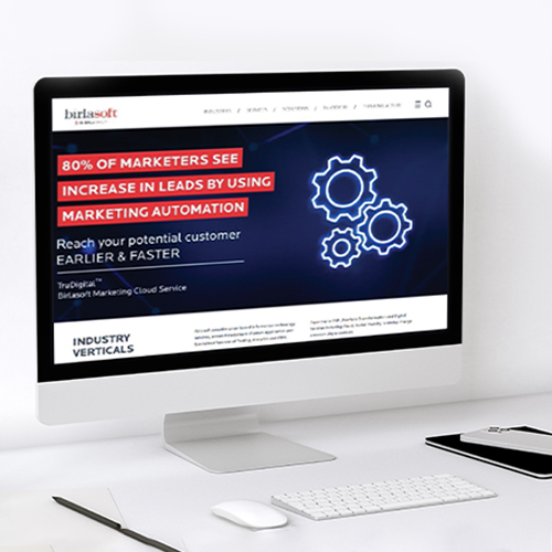 A desktop monitor displays a marketing automation webpage with statistics and gear icons on the screen.