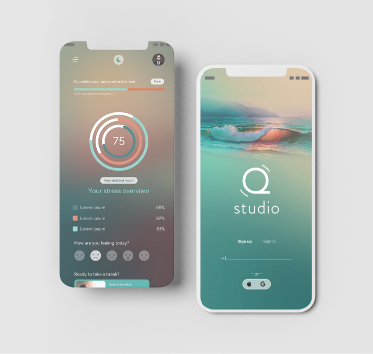Two smartphones displaying a stress-tracking and wellness app with serene beach imagery and circular progress graphic.