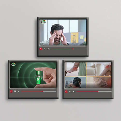 Three video screens show a man, a product bottle, and hands applying oil for relief.