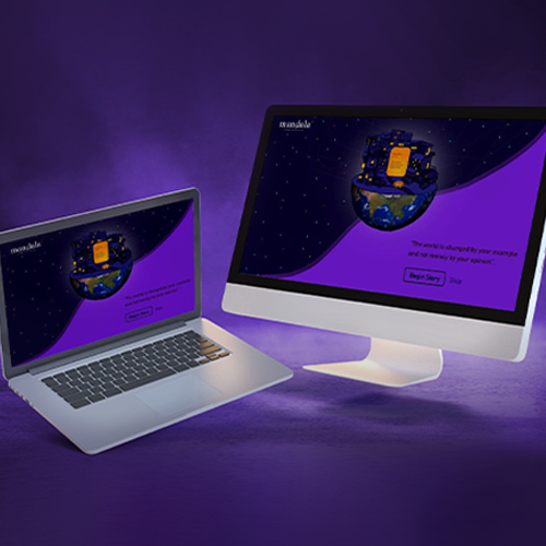 A laptop and a desktop monitor display a website with a globe illustration on a purple-themed background