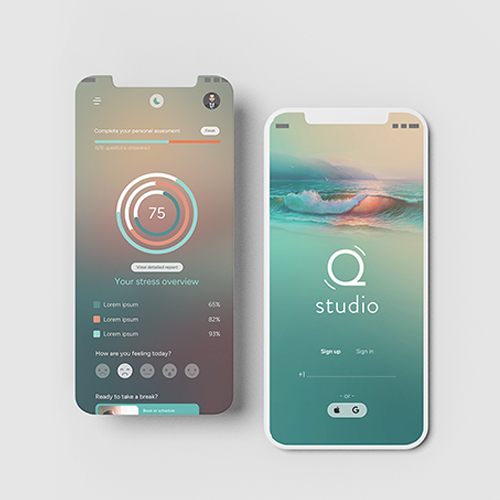 Two smartphones display Q Studio app screens, one with a stress overview and one with waves background.