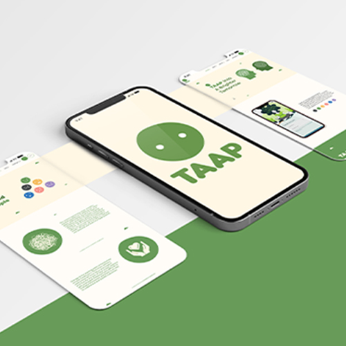 A smartphone displays the TAAP app home screen with a green logo and related screens around it.