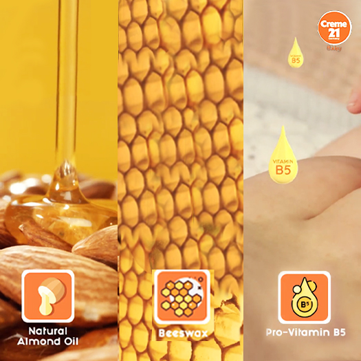 Creme 21 Baby ad shows almond oil, beeswax, and pro-vitamin B5 ingredients with icons and product benefits.