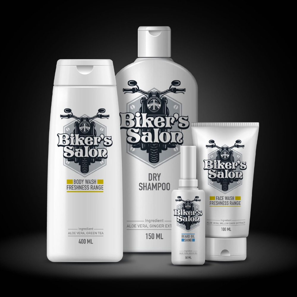 Biker's Salon grooming products: body wash, dry shampoo, face wash, and beard oil, all with a motorcycle-themed label.