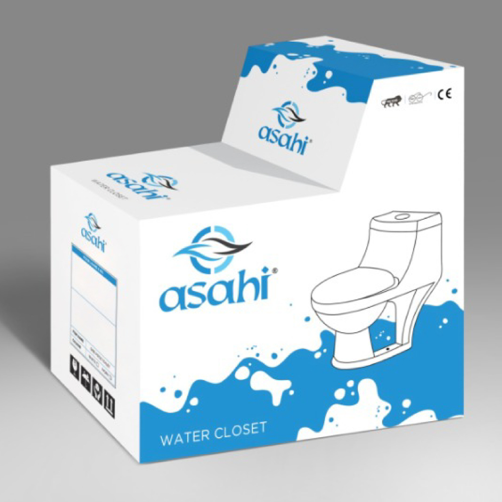 Asahi water closet packaging box featuring a blue logo, wave designs, and a line drawing of a toile