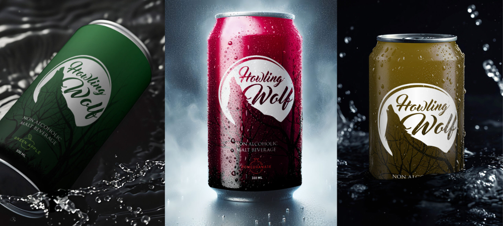 Three Howling Wolf non-alcoholic malt beverage cans—green apple, pomegranate, and an unknown flavor—splashing in water.