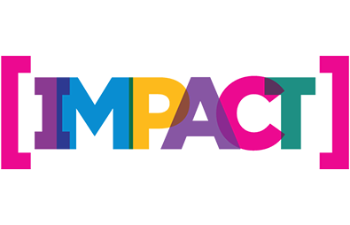 The word "IMPACT" in bold, colorful overlapping letters, framed by thick pink square brackets.