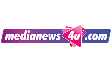 Logo for medianews4u.com with bold white text on a purple and blue banner, featuring a pink "4u" in a layered triangle design.