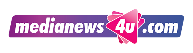Logo for medianews4u.com with bold white text on a purple and blue banner, featuring a pink "4u" in a layered triangle design.
