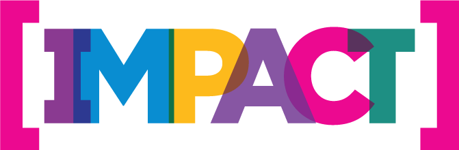 IMPACT logo featuring bold, multicolored overlapping letters enclosed in bright pink corner brackets.
