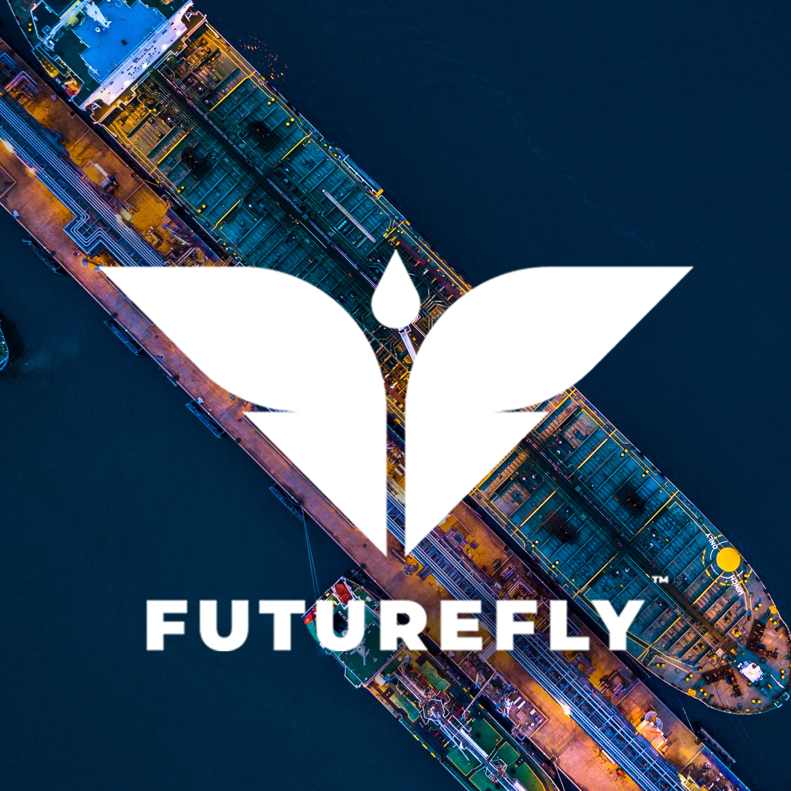 Aerial view of a cargo ship with the FUTUREFLY logo and bold white text overlay at the center.