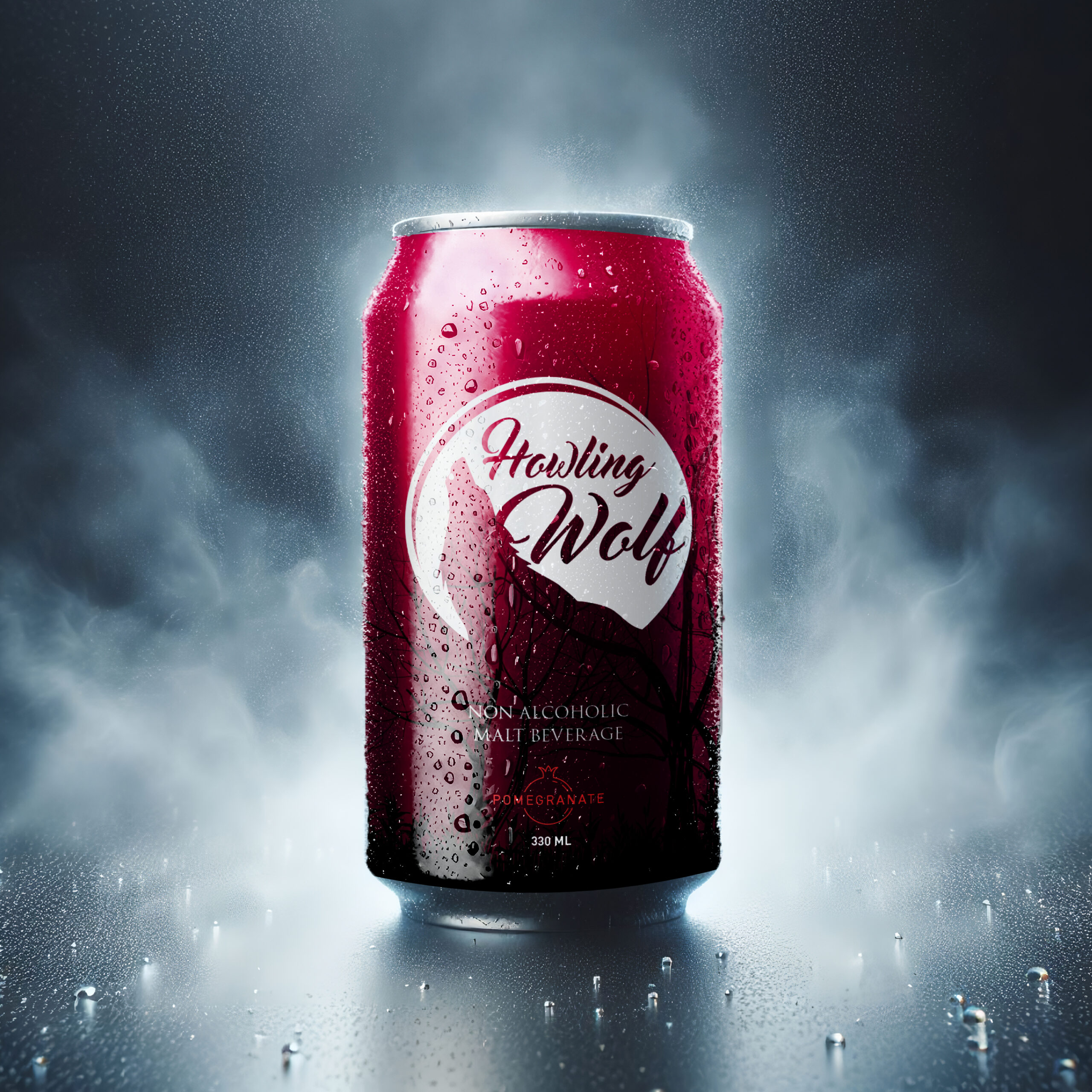 Chilled Howling Wolf pomegranate non-alcoholic malt beverage can with water droplets in a misty setting.
