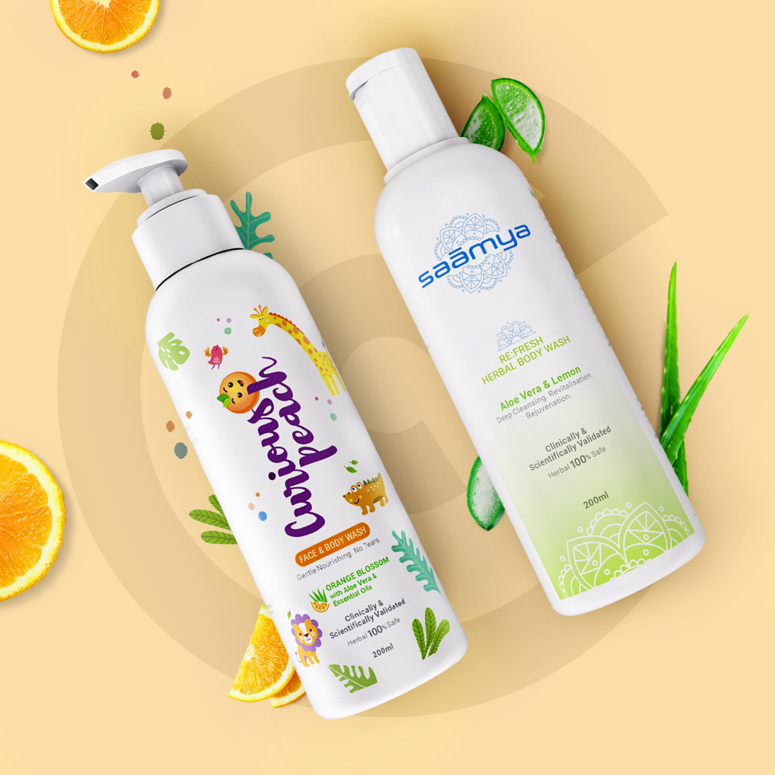 Curious Peach and Saamya body wash bottles with fruit slices and aloe vera on a beige background.