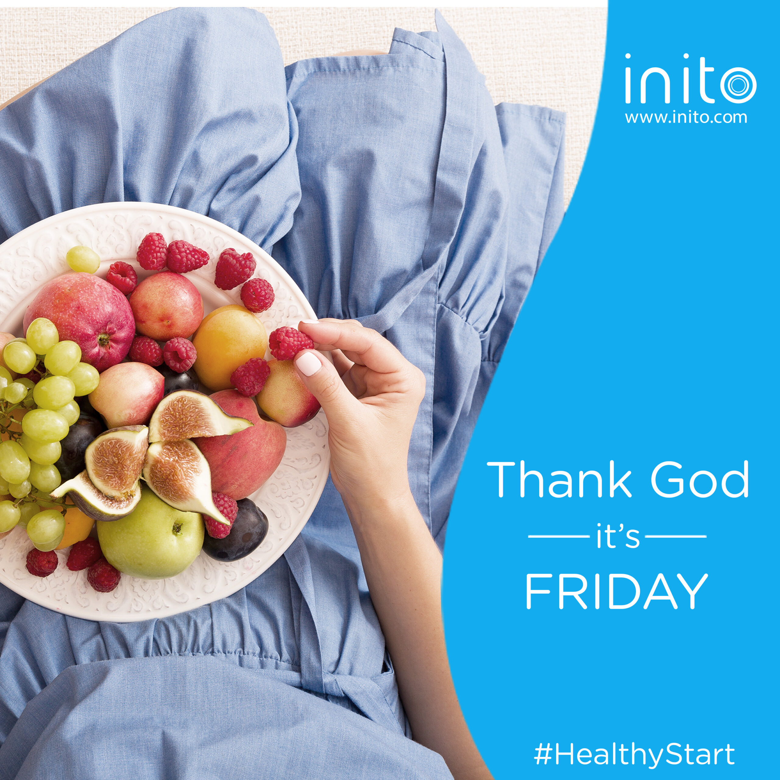 Person in blue dress holding a fruit plate with "Thank God it’s FRIDAY" and inito logo on a blue background.