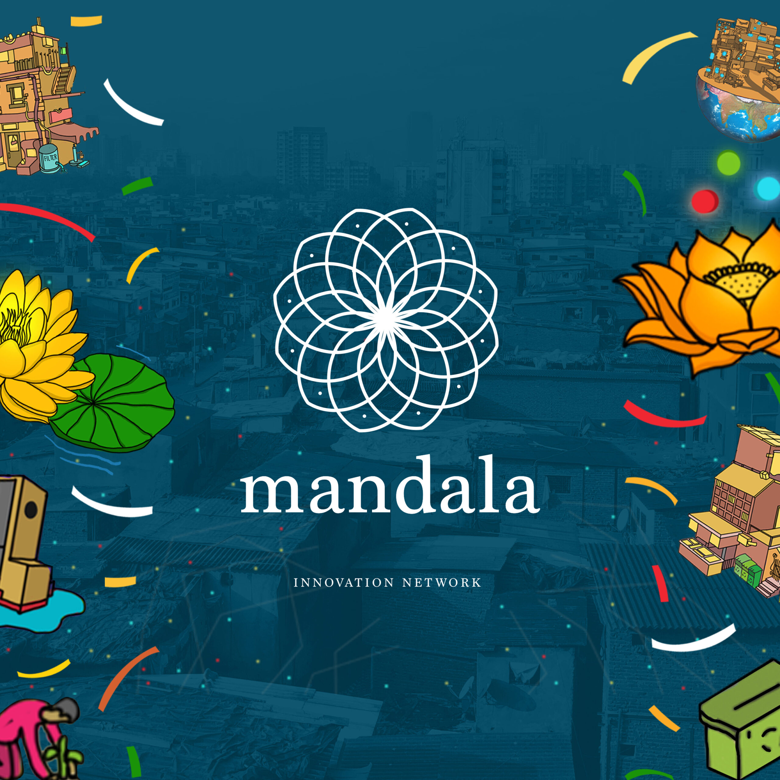 Mandala Innovation Network logo with floral and city illustrations on a blue background with confetti accents.