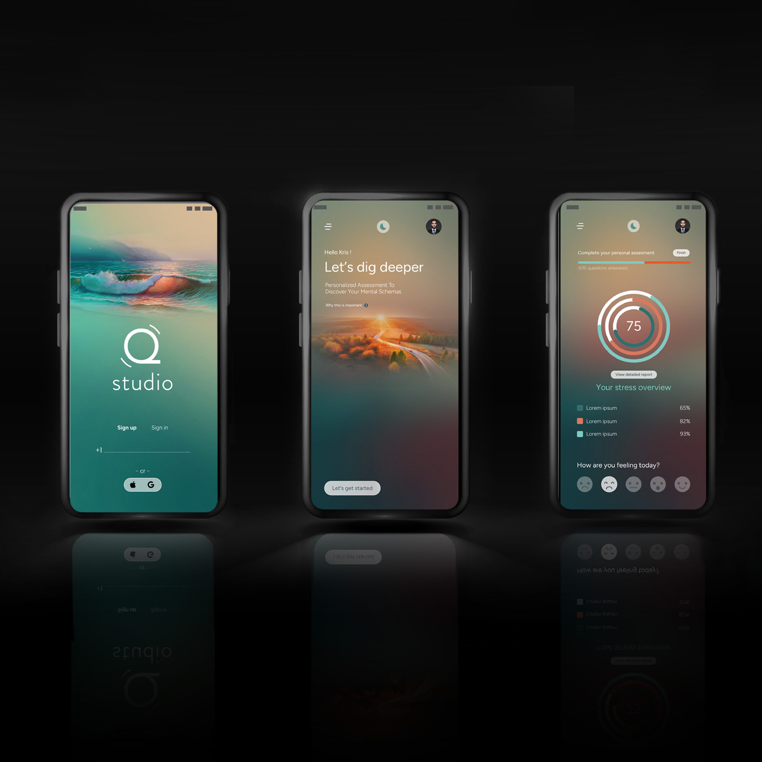 Three smartphones displaying a calm-toned mental health app interface with sign-in, assessment, and stress overview screens.