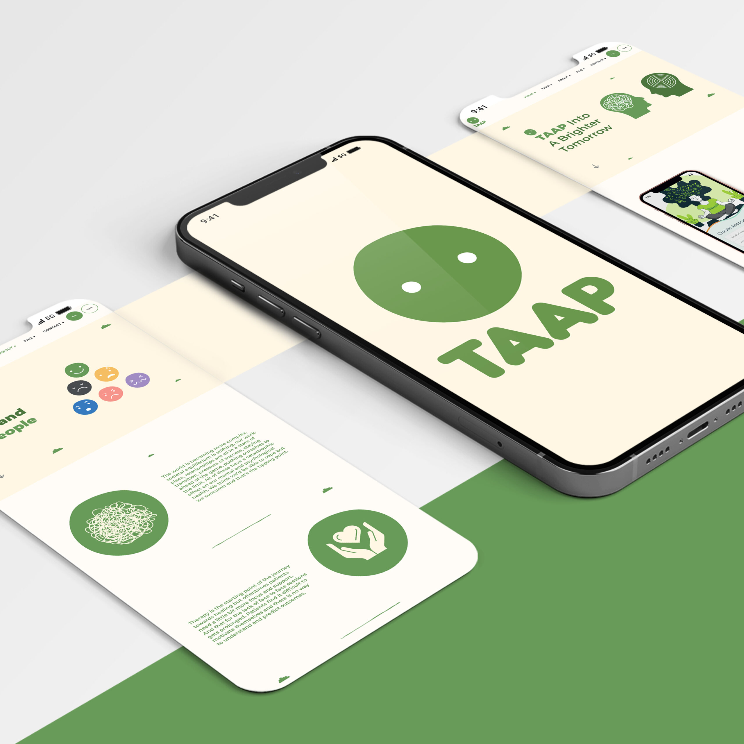 TAAP app interface showcased on smartphones with green icons and well-being content on a cream and green background.