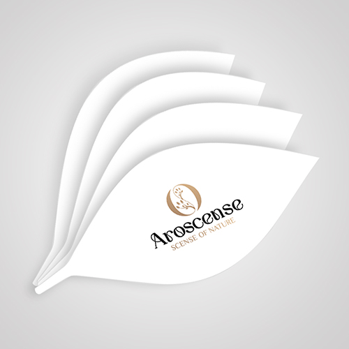 Arosense logo on layered white leaf-shaped cards with "SCENSE OF NATURE" written underneath.