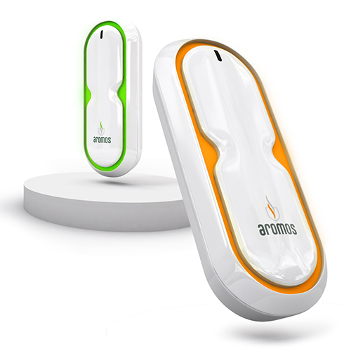 Two Aromos branded air fresheners, one with orange trim and one with green trim, on white background.