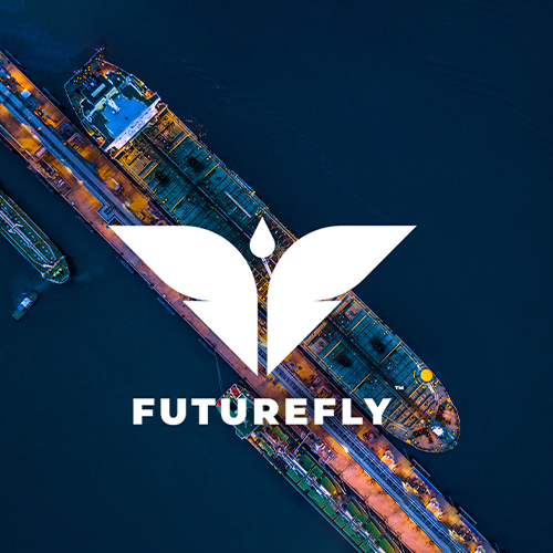 Aerial view of cargo ships at a dock with a large white Futurefly logo and text overlay.