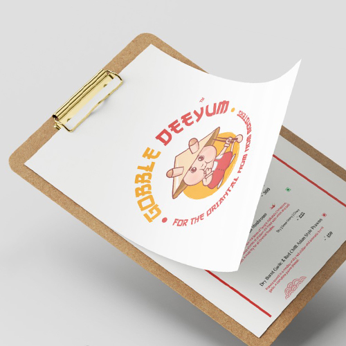 A clipboard holds a menu page with Gobble Deeyum logo featuring cute oriental food cartoon character.
