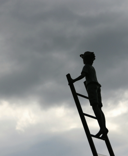 Child standing on ladder looking at sky