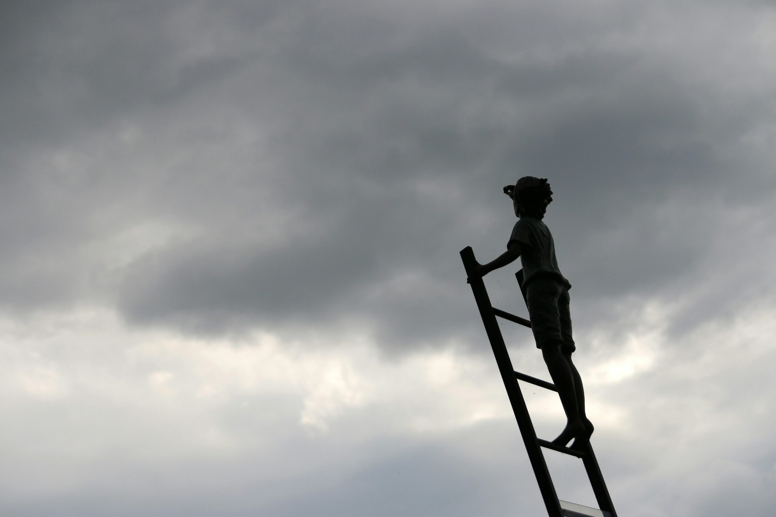 Child standing on ladder looking at sky